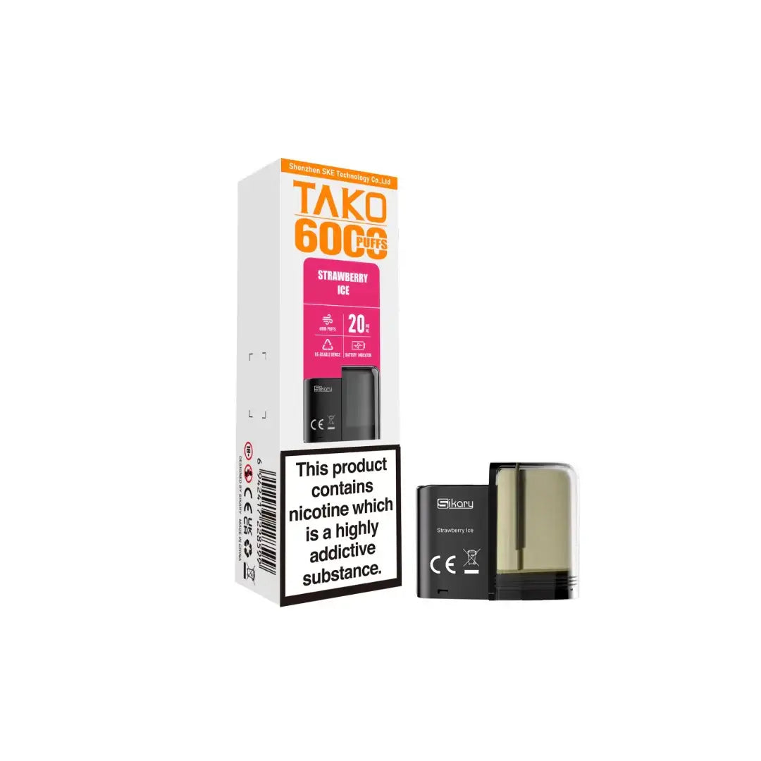 20mg Sikary Tako SP6000 Prefilled Pods 6000 Puffs Flavour: Strawberry Ice
